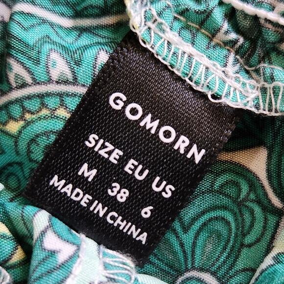 Gomorn Boho wide leg pants green paisley shirred waist size 6 - Picture 8 of 9